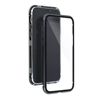 Telefontok iPhone 12 mini - Magneto fekete, mágneses fém keretes tok, átlátszó üveg elő + hátlappal