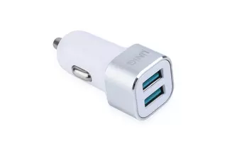 Autós töltő UNIQ - 2 USB portos fehér szivartöltőfej 2,4A + fehér USB / Type-C (USB-C) kábel, 1m