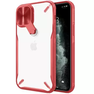 Telefontok iPhone 12 Pro Max - Nillkin Cyclops - áttetsző kemény hátlaptok, piros szilikon kerettel, kitámasztható kamerafedéllel