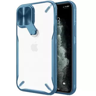 Telefontok iPhone 12 - Nillkin Cyclops - áttetsző kemény hátlaptok, kék szilikon kerettel, kitámasztható kamerafedéllel
