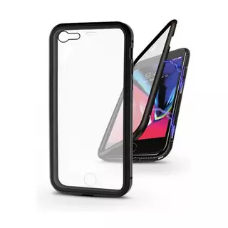 Telefontok iPhone 7 / 8 / SE 2020 - Magneto fekete, mágneses fém keretes 360 fokos tok, átlátszó üveg elő + hátlappal