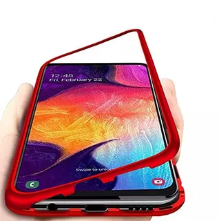 Telefontok Samsung Galaxy A21s - Magneto piros, mágneses fém keretes hátlap tok, átlátszó üveg elő + hátlappal