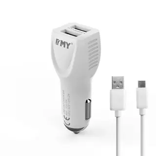 Autós töltő EMY My-112S - fehér szivartöltőfej 2,4A + fehér USB / MicroUSB kábel
