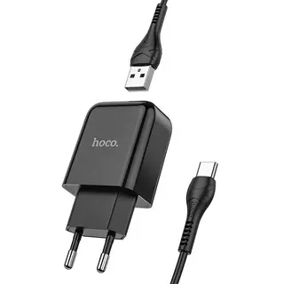 Töltő: HOCO N2 - USB portos fekete hálózati töltőfej 2A + USB / Type-C (USB-C) adatkábel (1m)