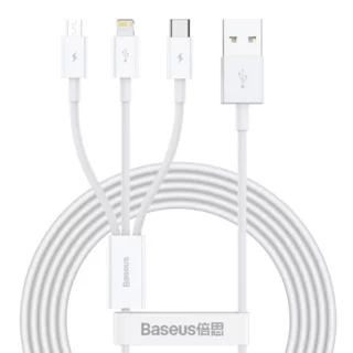 Baseus CAMLTYS-02 Superior 3v1 kábel - (USB - lightning / Type-C / MicroUSB) fehér töltőkábel 2A, 1,5 m