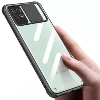 Telefontok Samsung Galaxy A22 5G - TECH-PROTECT csúsztatható kameravédős átlátszó fekete keretes hátlap tok