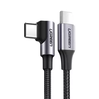Kábel: UGreen-US255 - Type-C / Type-C (USB-C) fekete/szürke szövet kábel 1m (90 fokban elfordított csatlakozó véggel) 3A