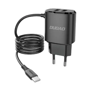 Telefon töltő: Dudao A2Pro - fekete hálózati töltőfej 2xUSB porttal + beépített USB / Type-C (USB-C) kábel, 2,4A