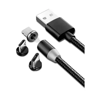 Töltő: Univerzális 3in1 USB fekete szövetkábel, cserélhető mágneses Type-C / MicroUSB / Lightning fejekkel,2,0A
