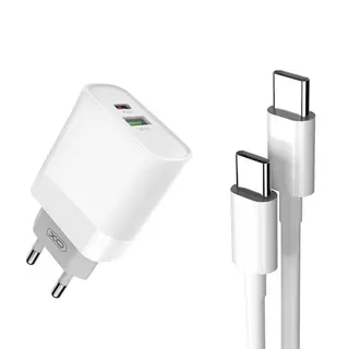 XO L64 - USB / Type-C (USB-C) fehér hálózati töltőfej + Type-C / Type-C kábel, fehér 18W