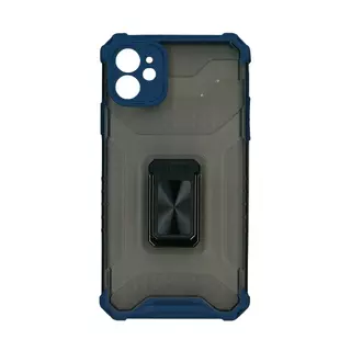 Telefontok iPhone 11 - Crystal Ring áttetsző szürke műanyag, ütésálló hátlap tok, kék szilikon kerettel + kitámasztóval