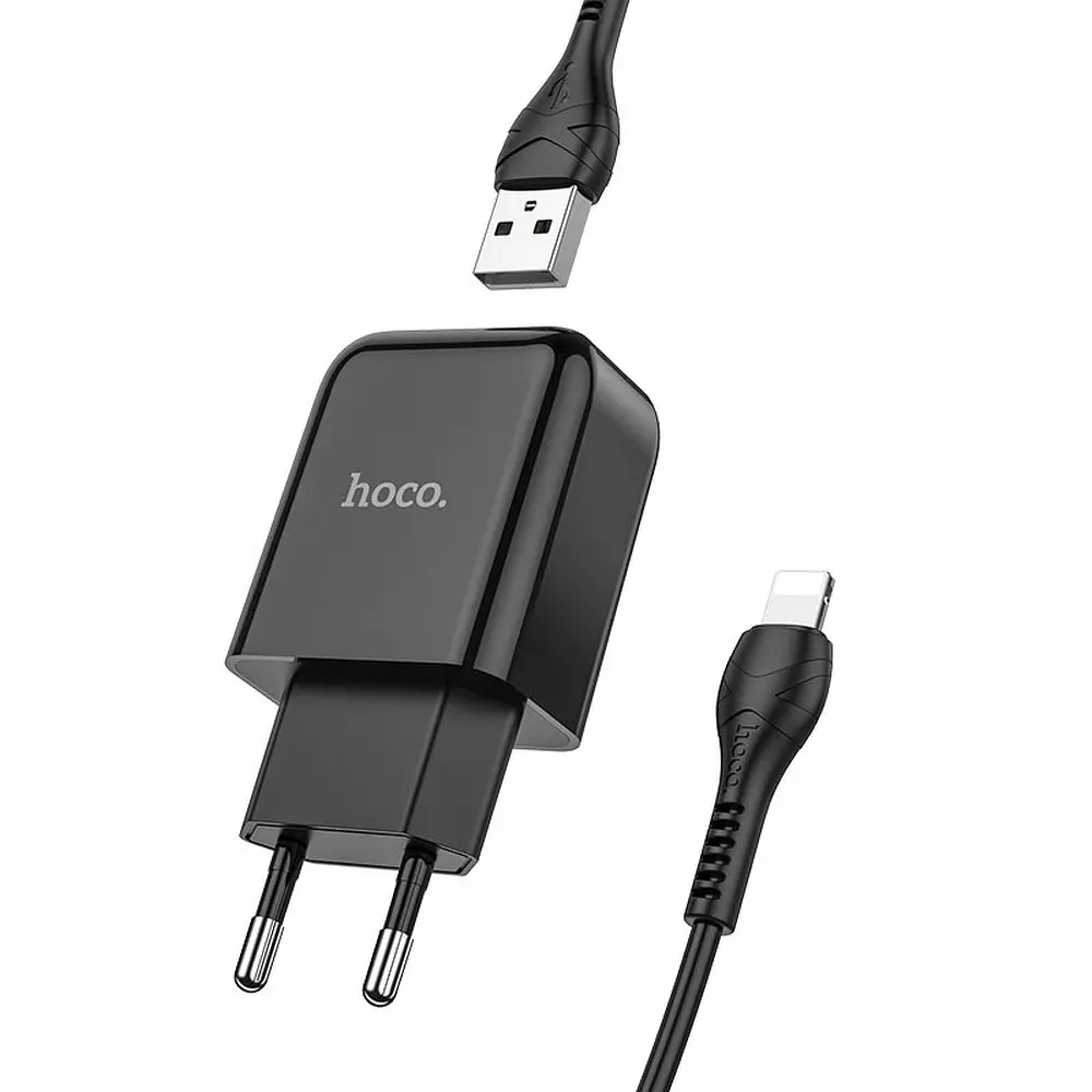 Töltő: HOCO N2 - USB portos fekete hálózati töltőfej 2A + USB / Lightning kábel (1m)