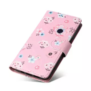 Telefontok Samsung Galaxy A13 (A135F) - pink virágmintás ráhajtófüles mágneses szilikon keretes könyvtok