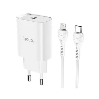 HOCO N14 - Type-C (USB-C) fehér hálózati töltőfej + Lightning / Type-C kábel, fehér 20W