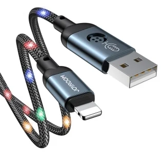 Adatkábel: Joyroom - LED-es USB / Lightning szövet kábel 2.4A, szürke 1m