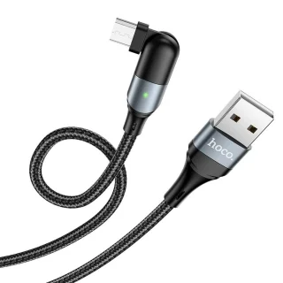Kábel: HOCO U100 - USB / MicroUSB fekete szövet kábel 1,2m (180 fokban elfordított csatlakozó véggel) 2,4A