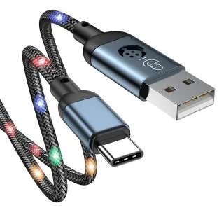 Adatkábel: Joyroom - LED-es USB / Type-C (USB-C) szövet kábel 2.4A, szürke 1m