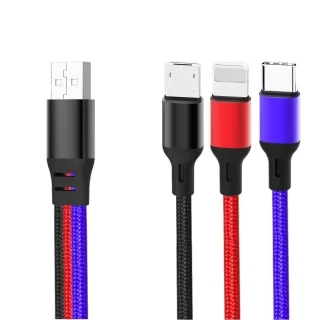 XO NB143 - 3in1 kábel - (USB - Lightning / Type-C / MicroUSB) színes szövet kábel 3,5A, 1,2 m
