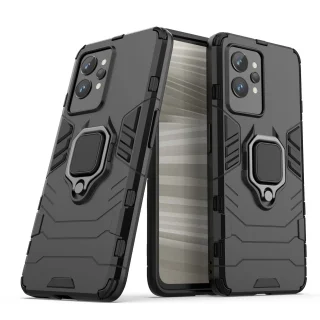 Telefontok Realme GT2 Pro - Ring Armor ütésálló fekete tok kitámasztóval