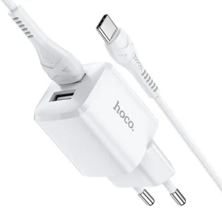 Töltő: HOCO N8 - 2xUSB portos fehér hálózati töltőfej 2,4A + USB / Type-C (USB-C) kábel (1m)