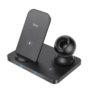 Telefon töltő: Hoco CW33 - fekete vezeték nélküli (Wireless) LED kijelzős töltőpad - telefon, headset és okosóra (iWatch)