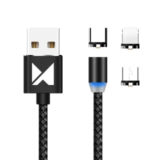 Töltő: Wozinsky - 3in1 USB fekete szövetkábel, cserélhető mágneses Type-C/MicroUSB/Lightning fejekkel,2,4A