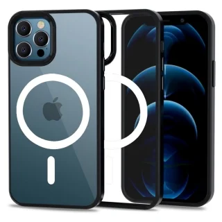 Telefontok iPhone 12 - Tech-Protect Magmat MagSafe kompatibilis átlátszó műanyag hátlap tok, fekete szilikon kerettel