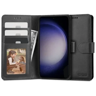 Telefontok Samsung Galaxy S23+ (S23 Plus) - fekete ráhajtófüles bőr könyvtok 