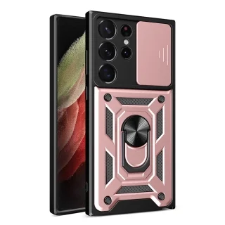 Telefontok Samsung Galaxy S23 Ultra - Hybrid Armor Camshield - pink szilikon tok, kitámasztó ujjgyűrűvel, csúsztatható kameravédővel