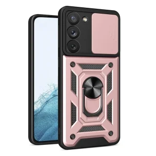 Telefontok Samsung Galaxy S23 - Hybrid Armor Camshield - pink szilikon tok, kitámasztó ujjgyűrűvel, csúsztatható kameravédővel