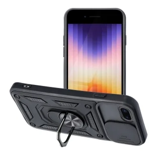 Telefontok iPhone SE (2020) - Camshield - fekete szilikon tok, kitámasztó ujjgyűrűvel, csúsztatható kameravédővel