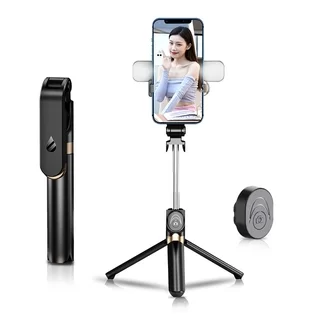 Selfie bot: STAND XT-06S - fekete, bluetooth távirányítós, tripoddá alakítható selfie bot LED világítással