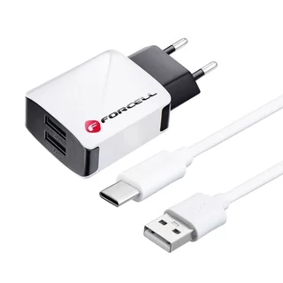 Töltő: Forcell U21 - 2xUSB portos fehér hálózati töltőfej 2A + USB / Type-C (USB-C) kábel (1m)