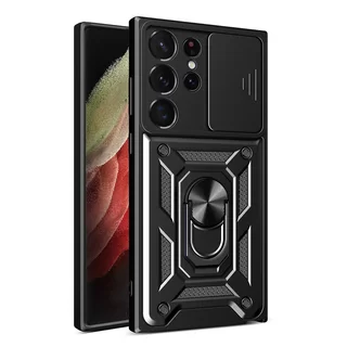Telefontok Samsung Galaxy S23 Ultra - Hybrid Armor Camshield - fekete szilikon tok, kitámasztó ujjgyűrűvel, csúsztatható kameravédővel