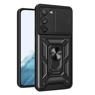 Telefontok Samsung Galaxy S23 - Hybrid Armor Camshield - fekete szilikon tok, kitámasztó ujjgyűrűvel, csúsztatható kameravédővel