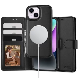 Telefontok iPhone 15 - Tech- Protect Wallet - MagSafe kompatibilis fekete bőr könyvtok, ráhajtófüllel
