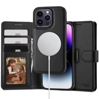 Telefontok iPhone 15 Pro - Tech- Protect Wallet - MagSafe kompatibilis fekete bőr könyvtok, ráhajtófüllel