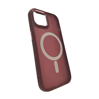 Telefontok iPhone 15 - MagSafe kompatibilis burgundy áttetsző műanyag hátlap tok, burgundy szilikon kerettel