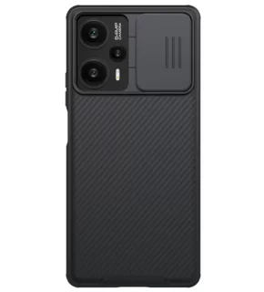 Telefontok Xiaomi Poco F5 5G - Nillkin csúsztatható kameravédős fekete hátlap tok beépített mágnessel