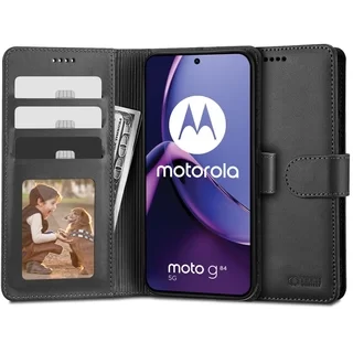 Telefontok Motorola Moto G84 5G - fekete ráhajtófüles bőr könyvtok 