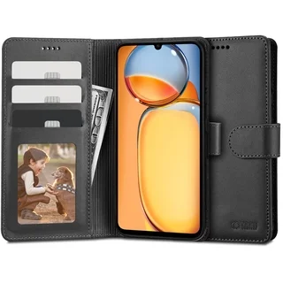 Telefontok Xiaomi Poco C65 - fekete ráhajtófüles bőr könyvtok 