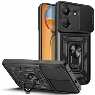 Telefontok Xiaomi Poco C65 - Camshield - fekete szilikon tok, kitámasztó ujjgyűrűvel, csúsztatható kameravédővel