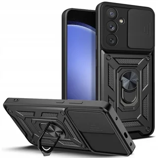 Telefontok Samsung Galaxy S23 FE 5G - Camshield - fekete szilikon tok, kitámasztó ujjgyűrűvel, csúsztatható kameravédővel