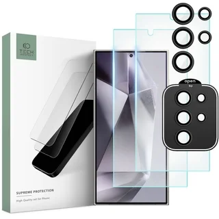 Üvegfólia Samsung Galaxy S24 Ultra - TECH-PROTECT Supreme - 2 db üvegfólia + 1db fekete keretes kamera védőkeret