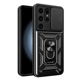 Telefontok Samsung Galaxy S24 Ultra - Camshield - fekete szilikon tok, kitámasztó ujjgyűrűvel, csúsztatható kameravédővel