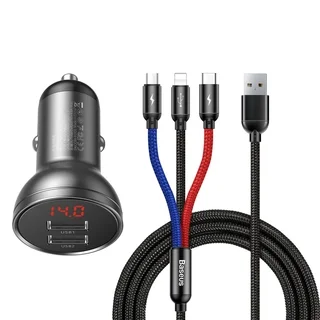Autós töltő Baseus TZCCBX - autóstöltő + 3in1 kábel - (USB - Lightning / Type-C / MicroUSB) színes szövetkábel 4.8A, 1,2 m