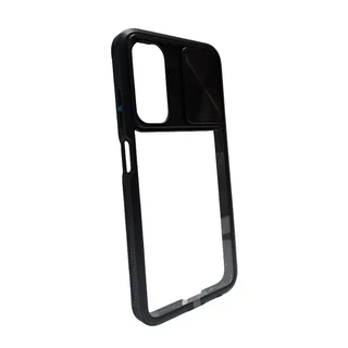 Telefontok Samsung Galaxy A05s - Slider csúsztatható kameravédős fekete keretes hátlap tok, műanyag átlátszó hátlappal