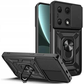 Telefontok Xiaomi Poco M6 Pro - Camshield - fekete szilikon tok, kitámasztó ujjgyűrűvel, csúsztatható kameravédővel