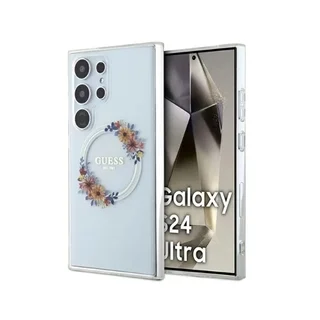 Telefontok Samsung Galaxy S24 Ultra - Guess Flowers Wreath - átlátszó, virágmintás MagSafe kompatibilis hátlap tok