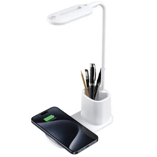 Rebeltec W601 - univerzális asztali LED lámpa tolltartóval, Qi vezeték nélküli töltéssel, 15W fehér